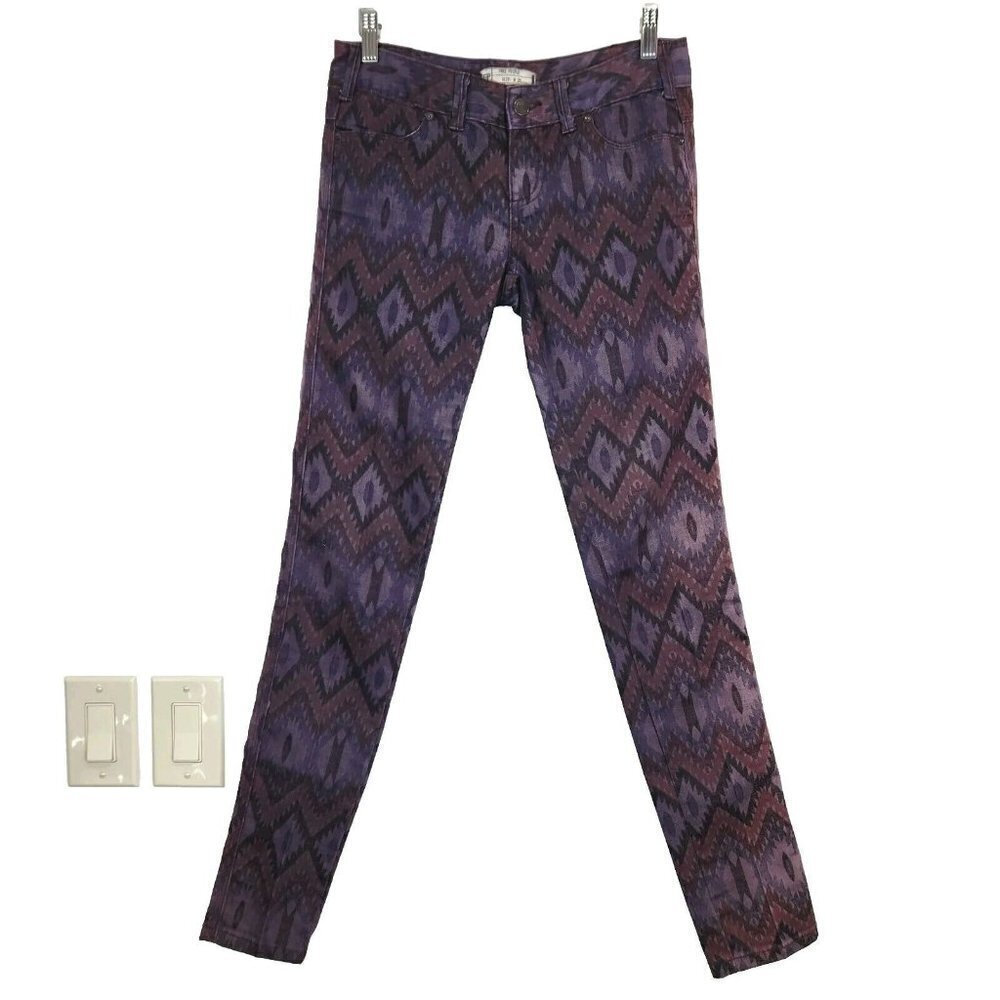 Free People Southwest Ikat‎ Skinny Jeans 25 Purple Low Rise Bohemian Colorful
